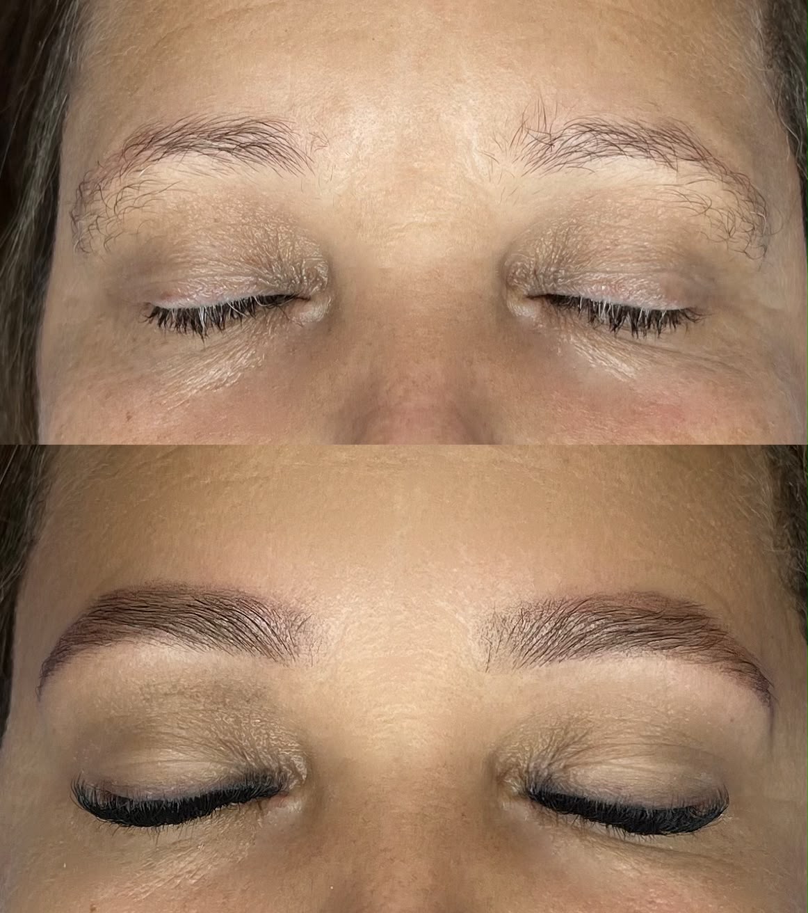 Antes e depois de design de sobrancelhas com henna e extensão de cílios