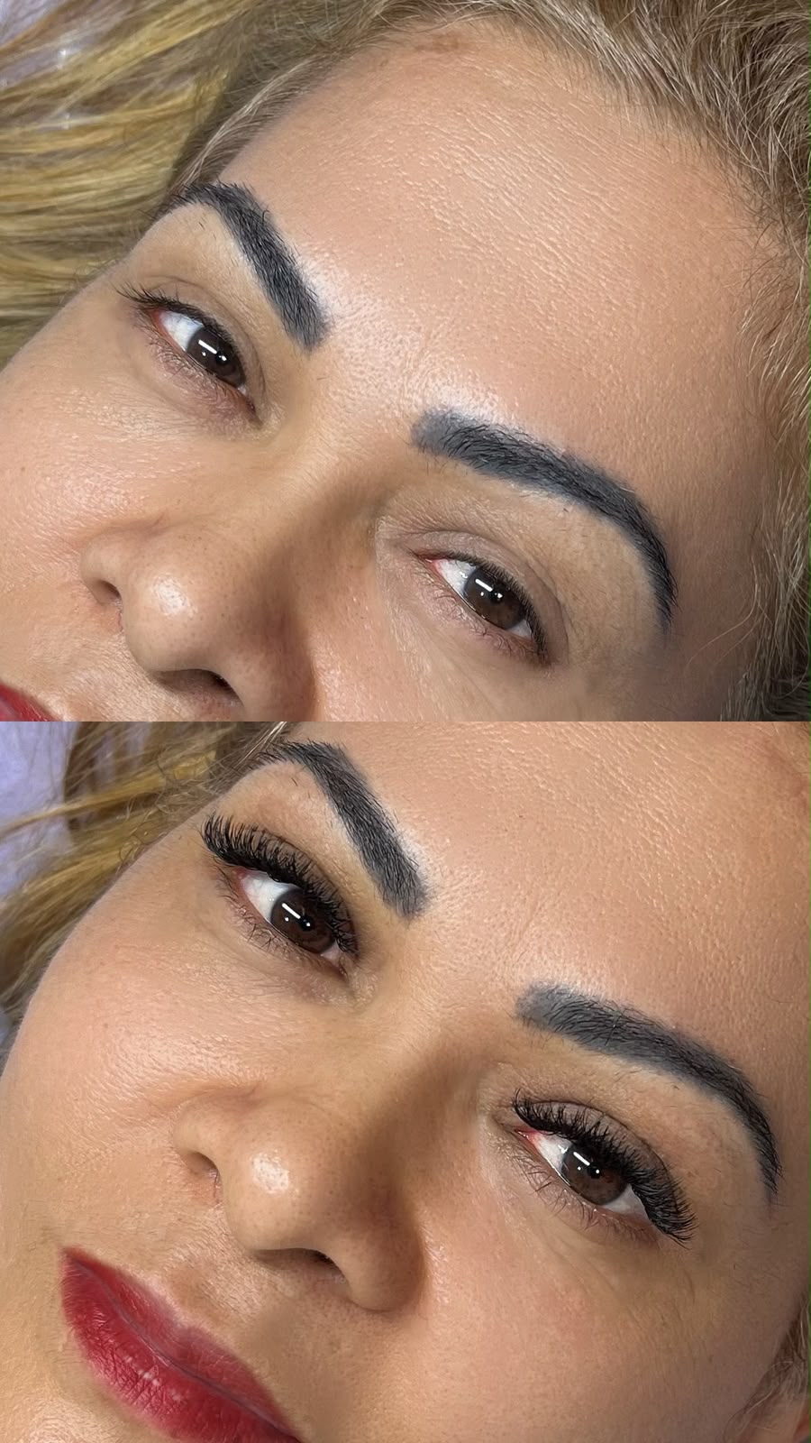 Antes e depois de extensão de cílios em volume com fios castanhos e design de sobrancelhas