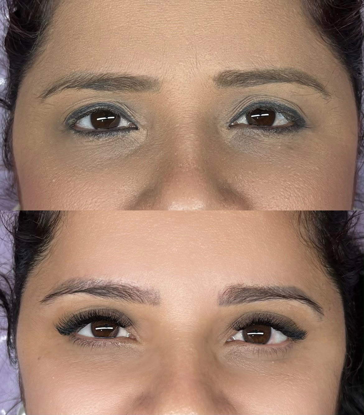 Antes e depois de extensão de cílios com volume sutil personalizado