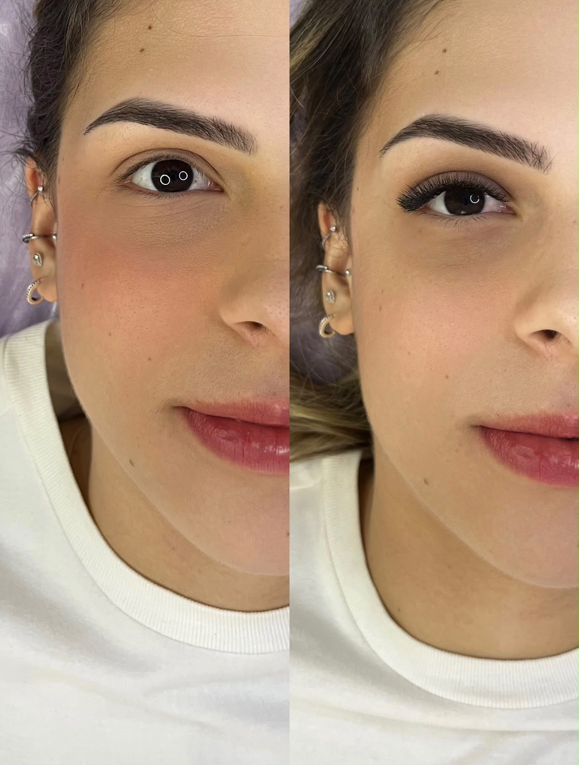 Comparação antes e depois de extensão de cílios em volume, meio rosto de cada lado